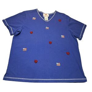 Quacker Factory Vinatage Beaded American Flag Heart V-neck T-Shirt Woman’s XL